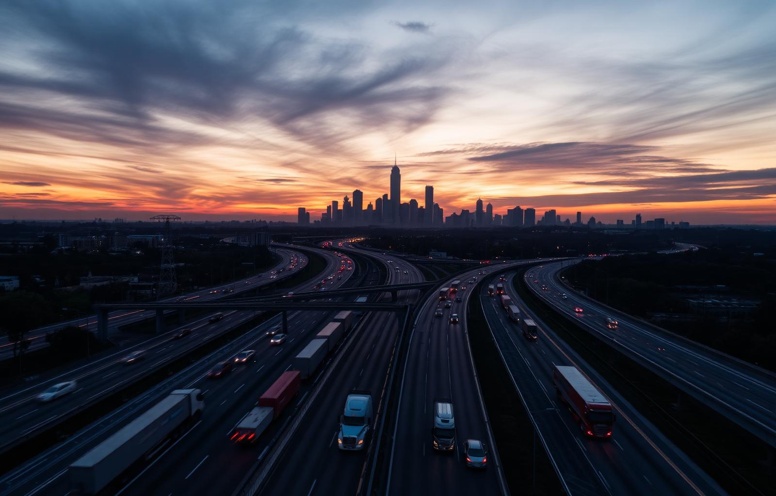 Interstate logistics corridor at dusk with Atlanta skyline
